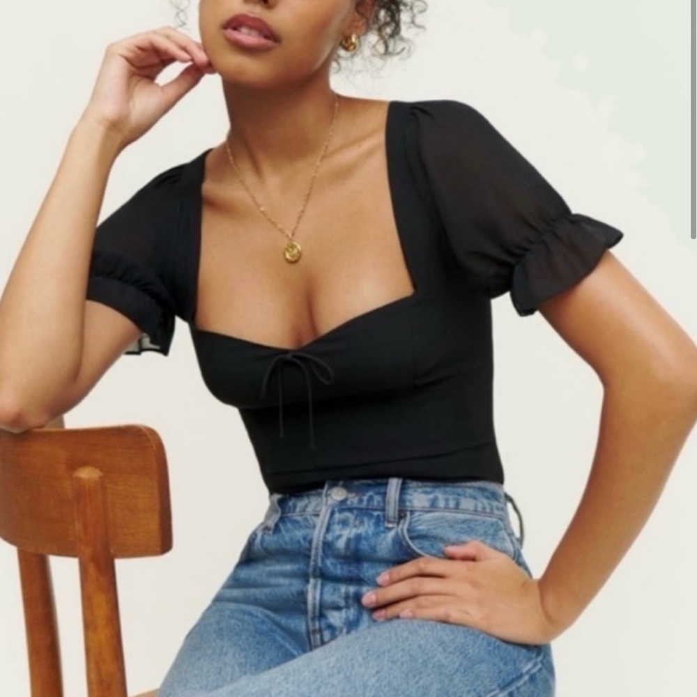 Reformation Black Puff Sleeve Blouse